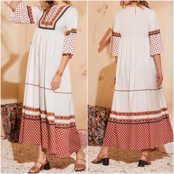 Boho Floral Print Dot White 3/4 sleeve maxi Dress - Picture 2 of 3